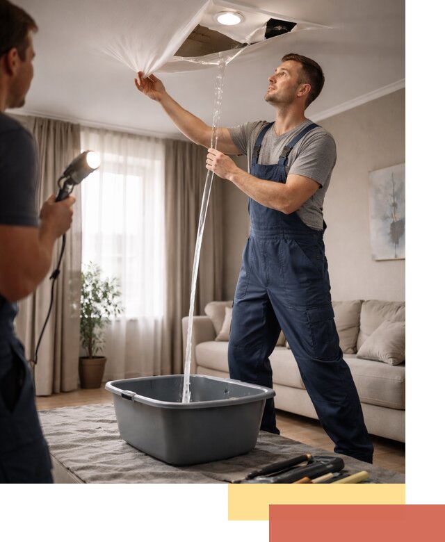 Слив воды с натяжного потолка в Азове быстро и аккуратно